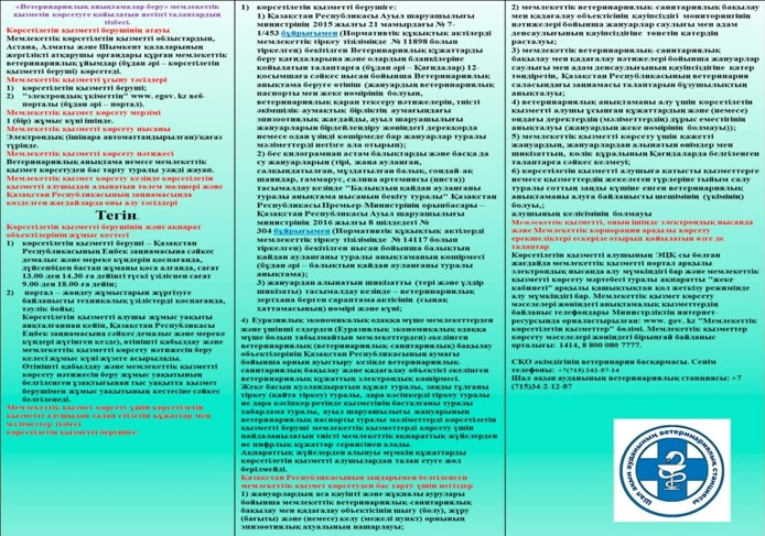 «Ветеринариялық анықтамалар беру» мемлекеттік қызметін көрсетуге қойылатын негізгі талаптардың тізбесі.